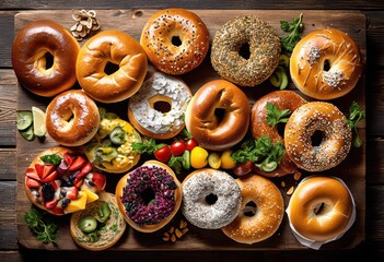 assorted bagels various toppings arranged wooden platter, arrangement, spread, display, presentation, sesame, poppyseed, cream, cheese, avocado, tomato