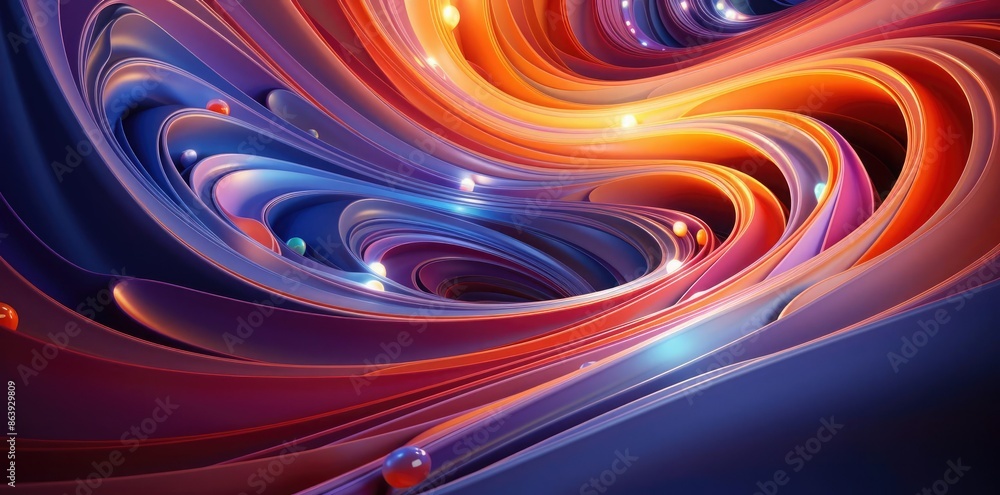 Poster abstract 3d background with curved lines and glowing spheres