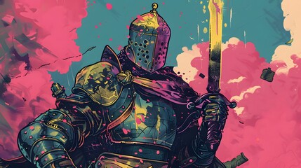 A valiant knight in full armor stands against a vibrant, abstract backdrop, his sword raised high.