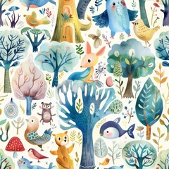 An illustration for children. Watercolor background. Bunnies in a park. Decor for a children's room.