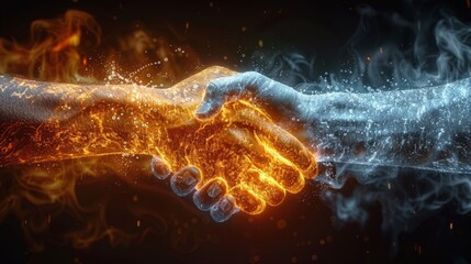 A fiery hand in a handshake with an icy one creates a striking depiction of the polarity between fervor and apathy.