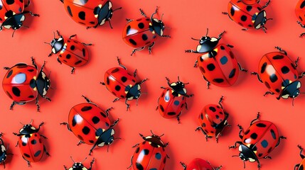 Fototapeta premium Ladybugs on a bright orange background.
