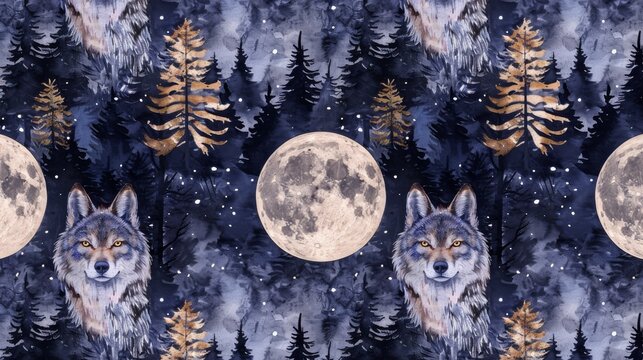An illustration of a wolf in a night forest. Seamless watercolor pattern for fabric, wrapping, textile, wallpaper, apparel. Handdrawn illustration.
