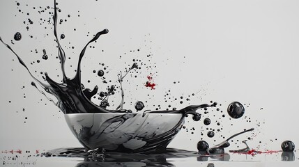 Abstract black and white paint splash in a bowl, with a red splash adding a touch of color.  The dynamic composition creates a sense of energy and movement.