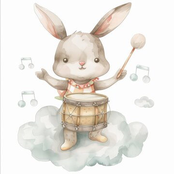 recommend clip art: An adorable bunny with a drum against a background of clouds, stars, and moon. Watercolor illustration. Children's decor.