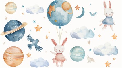 This watercolor set features a bunny flying on balloon, planets, stars, birds, and clouds. It makes a great decoration for a child's room.