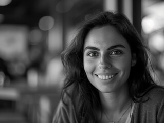 Obraz premium A happy woman with a warm smile in a classic black and white photograph