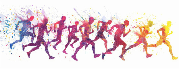 Aerial view of a runner, low poly vector art, dynamic group of running figures, low geometric shapes, vibrant colors, isolated on a pristine white background
