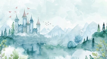 Fototapeta premium Cute city in the forest with clouds and trees. Children's room decor. Castle on a mountain backdrop. Watercolor background.