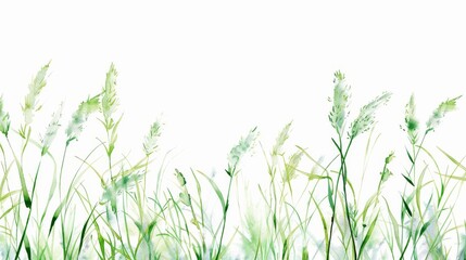 Isolated watercolor grass isolated on white. Withered herb. Light green watercolor grass pattern. Abstract grass. Spring. Horizontal border.