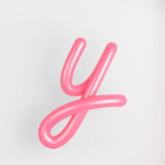 3D Pink Script Lowercase Letter Y on light background. Cute Cursive Bubble typography symbol vector illustration.