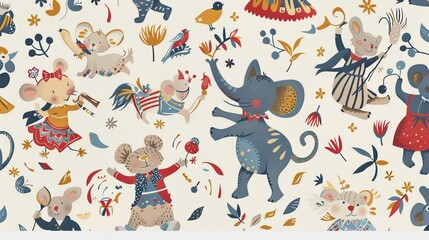 There's a circus show going on. Large elephant, cute bear, juggler cat, mouse and cute bear are all part of the party.