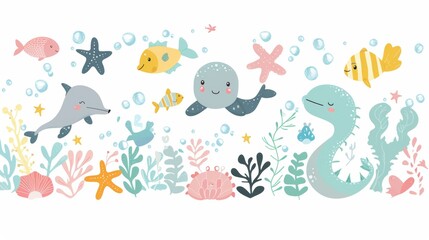 Animes play sea adventures. Children's party of friends. Cute poster. Painting for a children's room. Isolated.