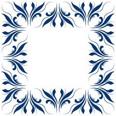 Blue leaves on white background. Folk floral square frame vector illustration. Ethnic paisley square ornament. Vintage floral design element. Fantasy geometric shapes for decor clothes, home, etc.