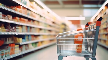Supermarket aisle with shopping cart, shelves blurred in the background for shopping concept