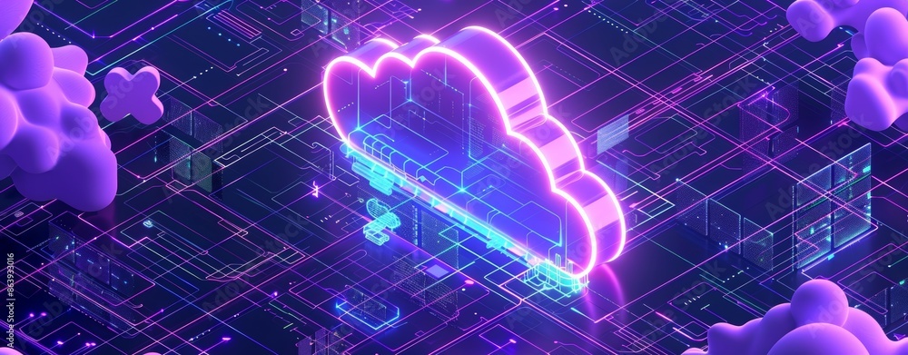 Aufkleber data management and cloud computing services illustrated in an isometric view.