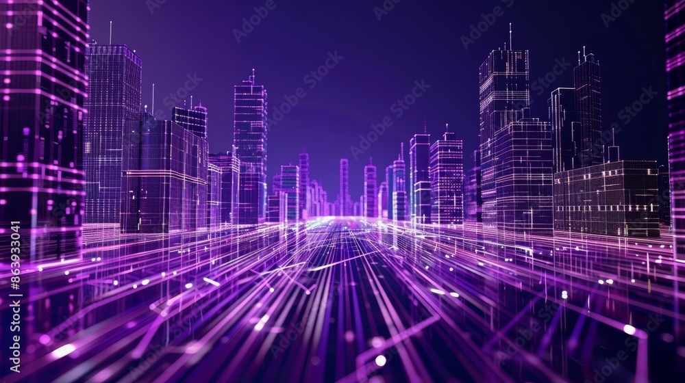 Poster flow of lines moving forward among purple buildings in digital reality. alternate tech world made by