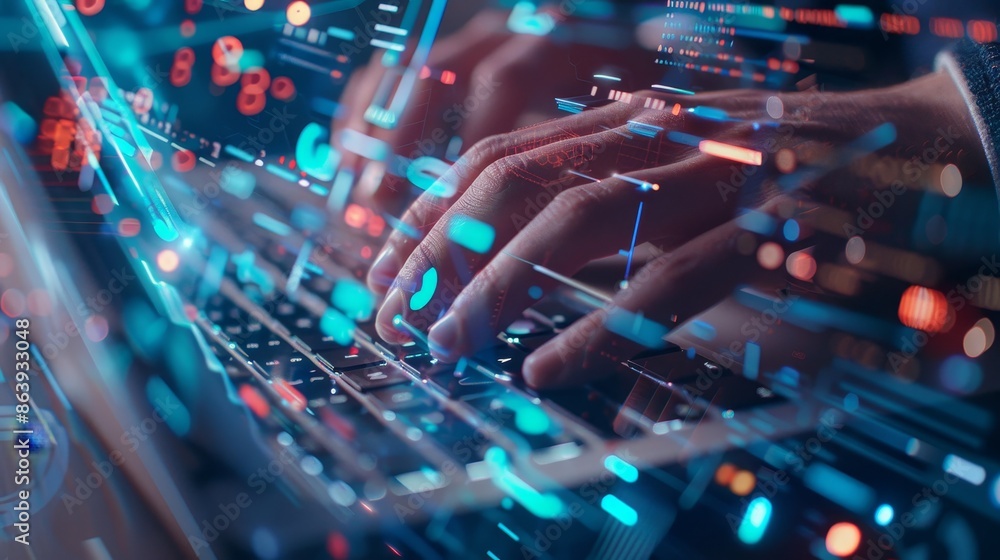 Poster in this scene, graphics related to digital technology are overlaid on a close-up image of a person's