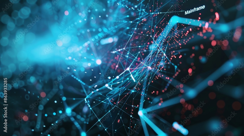 Fototapete the word 'mainframe' is formed from dots and strings in cyberspace. particles, signs and outlines ca