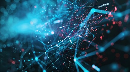 The word 'mainframe' is formed from dots and strings in cyberspace. Particles, signs and outlines can be seen nearby. The digital world is amidst continuous computer graphics on a black background.