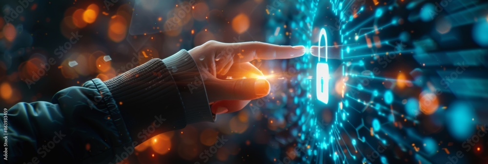 Poster hands interacting with a glowing lock, which appears on a digital interface, as an illustration of c