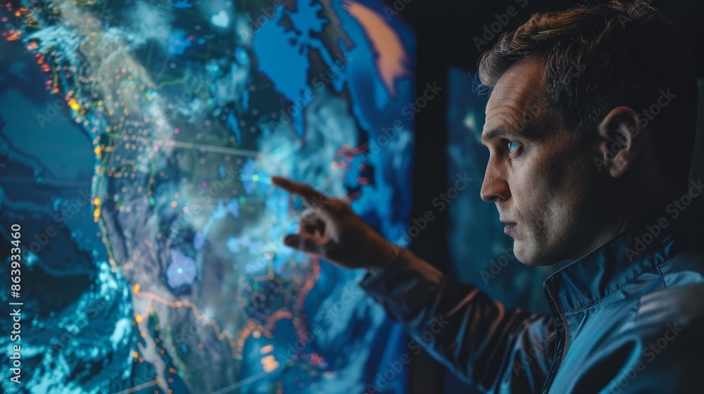 Poster an individual points to a large digital screen displaying global data, illustrating modern technolog