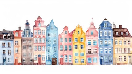 The city set is a watercolor illustration with cute buildings isolated on a white background.