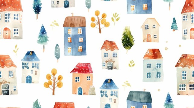 Old city seamless pattern. Perfect for fabric, textile, wallpaper, or kindergarten projects. Abstract seamless pattern with houses. Background in watercolor.