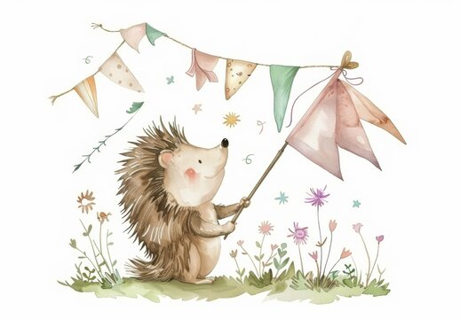 Circus show with hedgehog on flag garland. Watercolor illustration.