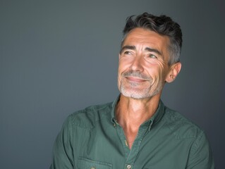 Obraz premium A happy man wearing a green shirt and smiling, great for everyday use or business communications