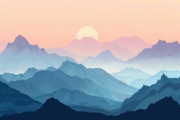 Fototapeta premium Golden sun rays illuminate mountain peaks at dawn, with a sky of pastel hues creating a tranquil and inspiring scene. Generative AI