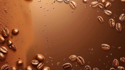Coffee beans and ground coffee scattered on a brown background.