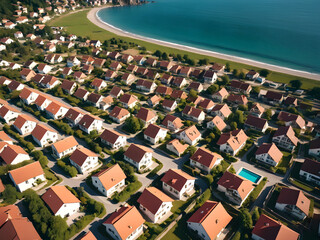 aerial image of residential area with houses in summer time near the sea