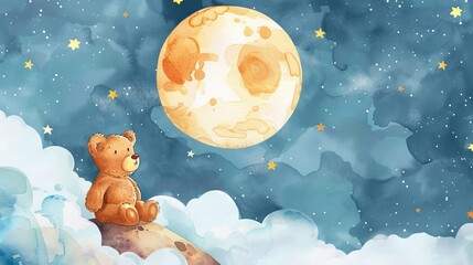 In this composition, the bear sits on a planet and looks into the sky. This watercolor illustration is suitable for a child's room.
