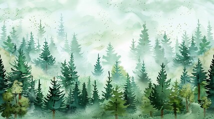 Fototapeta premium Landscape of a forest with coniferous trees in watercolor. Abstract nature background in childish colors.