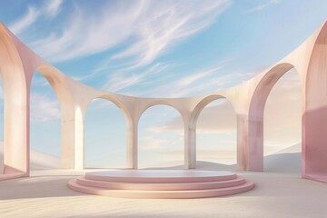 A vast expanse of sandy dunes with an empty stage in the middle, perfect for depicting isolation or a dramatic performance