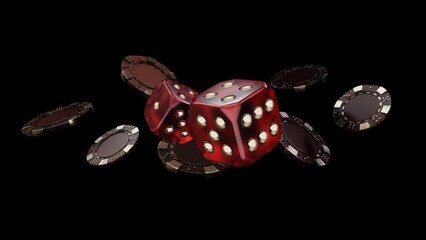 Casino chips, cubes, roulette, drum  on dark black background - 3d render. Flying chip for online casinos and mobile gambling applications, poker - winner, wealth concept. 