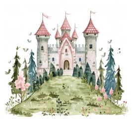 Obraz premium The castle in the forest. The cute city in the clouds and trees is the perfect decor for your child's room. The background is watercolor.