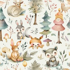 Illustration of bunnies in the park. Colorful background, green forest. Perfect for children's rooms.
