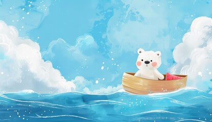 Fototapeta premium Steamboat travels on the waves. Bear on a ship at sea. Horizontal banner. Blue sky. Watercolor illustration.