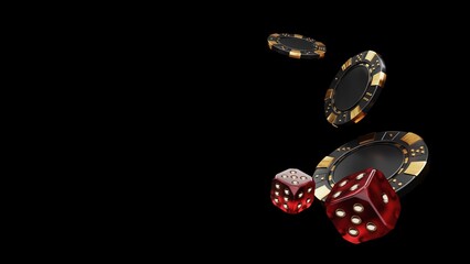 Casino chips, cubes, roulette, drum  on dark black background - 3d render. Flying chip for online casinos and mobile gambling applications, poker - winner, wealth concept. 