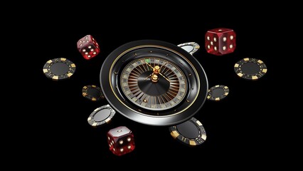 Casino chips, cubes, roulette, drum  on dark black background - 3d render. Flying chip for online casinos and mobile gambling applications, poker - winner, wealth concept. 