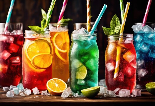 refreshing fizzy soda glass bottles striped straws summer drink concept, beverage, ice, cold, transparent, refreshment, liquid, party, celebration, cocktail