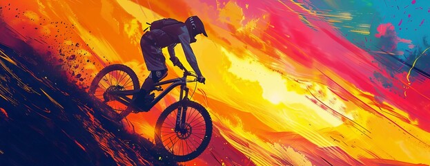 Birds-eye view silhouette of a mountain biker, low angle shot, vibrant sunset backdrop, digital illustration in vivid hues, dynamic and action-packed composition