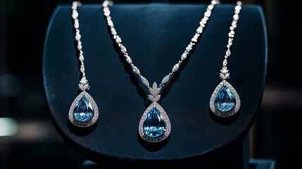 Fototapeta premium Luxurious display of diamond rings and necklaces in an upscale store window exhibit