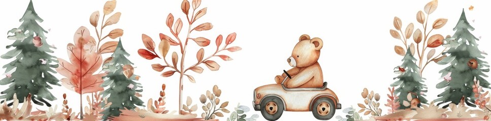 Illustration of a bear riding in a blue retro car. Children's decor. Forest landscape with car and flowers.