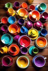 vibrant rainbow tea cups saucers arranged table, lgbtq, pride, colorful, love, equality, multicolored, teacups, elegant, drinkware, beautiful, tableware