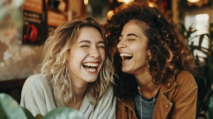 Fototapeta premium Two women are laughing together in a cafe.