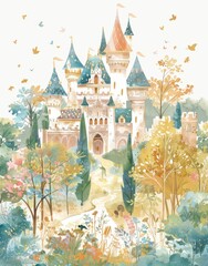 Clouds and trees with a castle in the background. This is decor for a children's room with a watercolor background. Mountainous terrain with a city is set against a forest background.