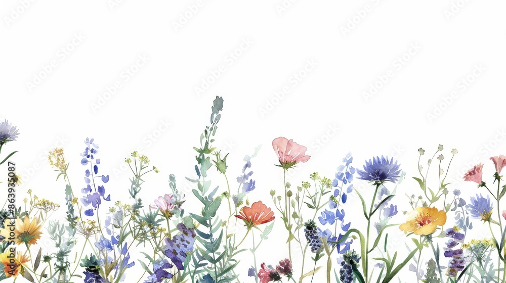 Wall mural Wildflower and herb watercolor illustration. Horizontal illustration with a seamless pattern. Suitable for cards, borders, banners and other designs. - Wall murals